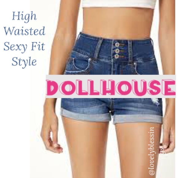 High Rise Blue Jean Shorts Denim Cuffed Hem 3 Button Cute Sexy Fit Dollhouse - Picture 8 of 16